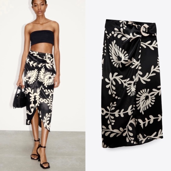 Zara satin midi skirt — Black & white side buckle detail — paisley floral print - Picture 6 of 9